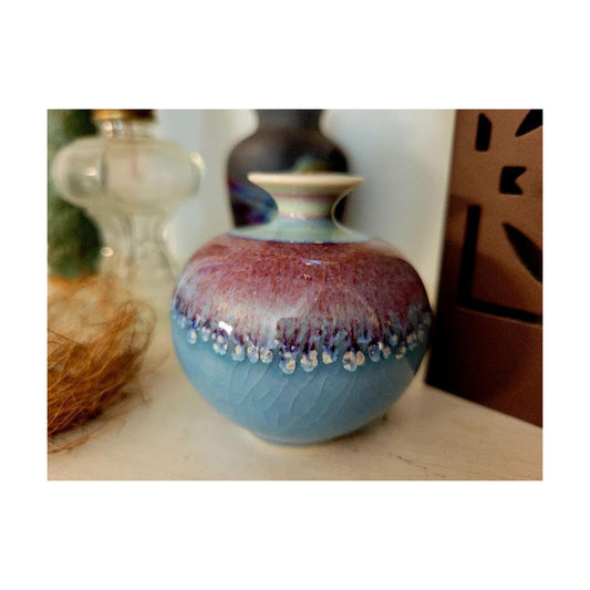 Handcrafted Drop Glaze Crackle Ice Pattern Porcelain Mini Tiny Round Bulbous / Fatball, Lake Blue