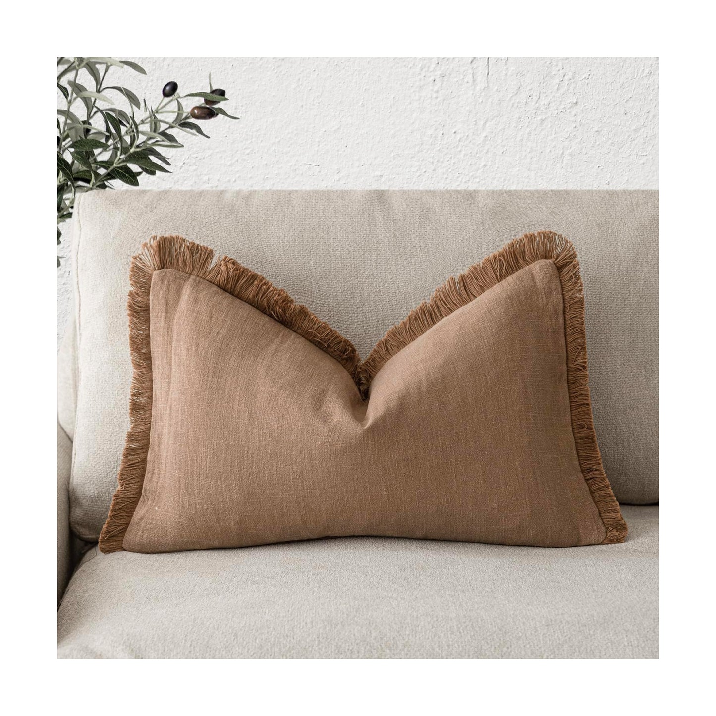 Decorative Linen Fringe Lumbar Throw Pillow Covers Boho Farmhouse Cushion Cover / 20 x 12 / Brick