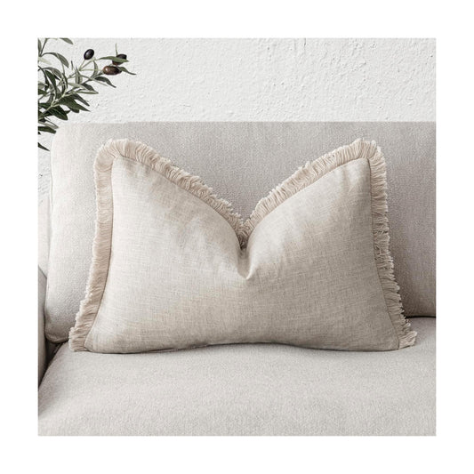 Decorative Linen Fringe Lumbar Throw Pillow Covers Boho Farmhouse Cushion / 20 x 12 / Natural Beige