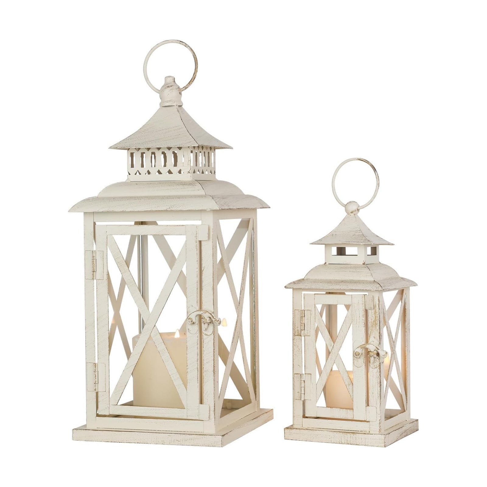 Lanterns Decorative Outdoor&Indoor, Set of 2 (14"&10") Beige Metal Lantern Decor with Glass, Candle Holder for Porch