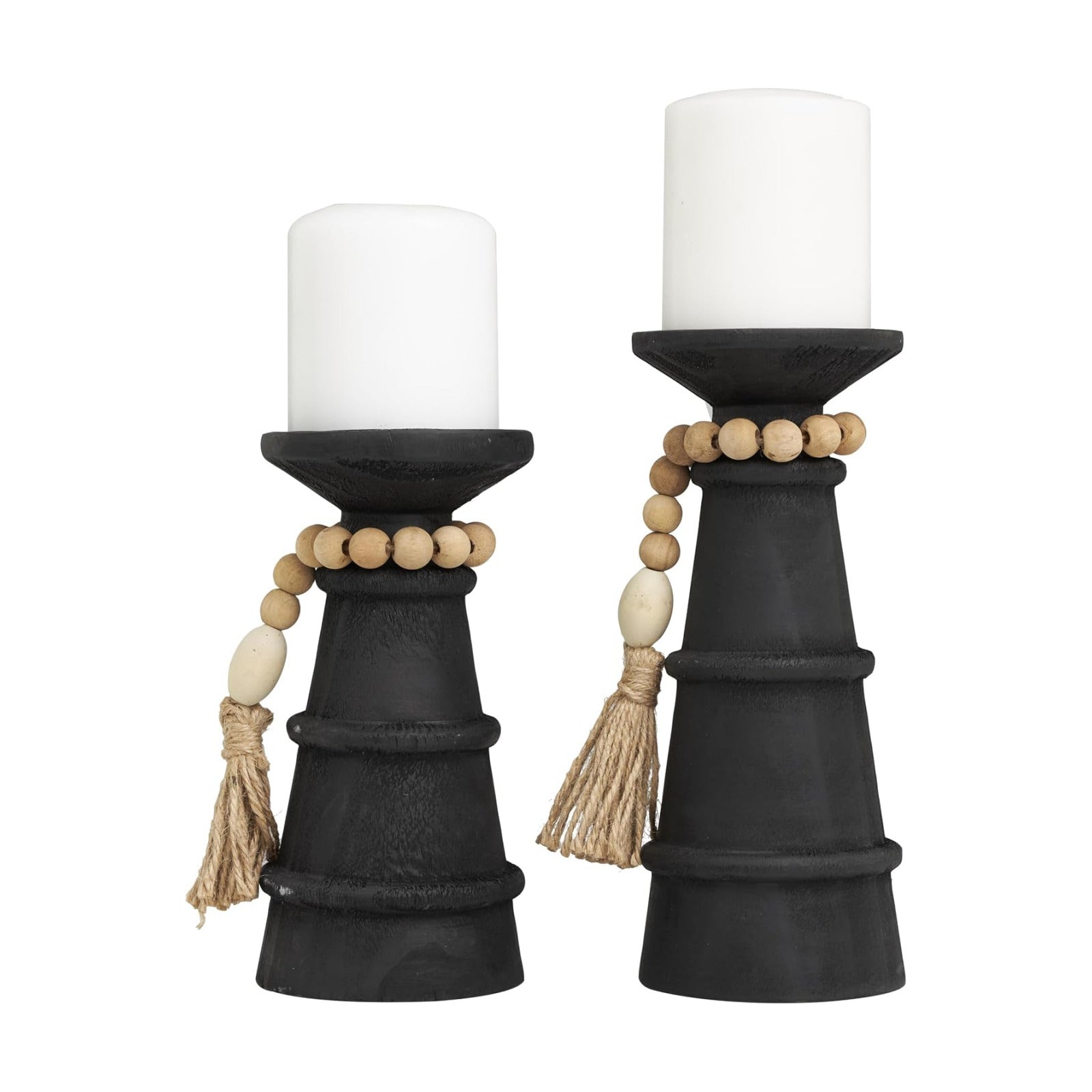 Deco 79 Wood Handmade Decorative Candle Holder Textured Matte Candle Stand with Beaded Garland Accent, Set of 2