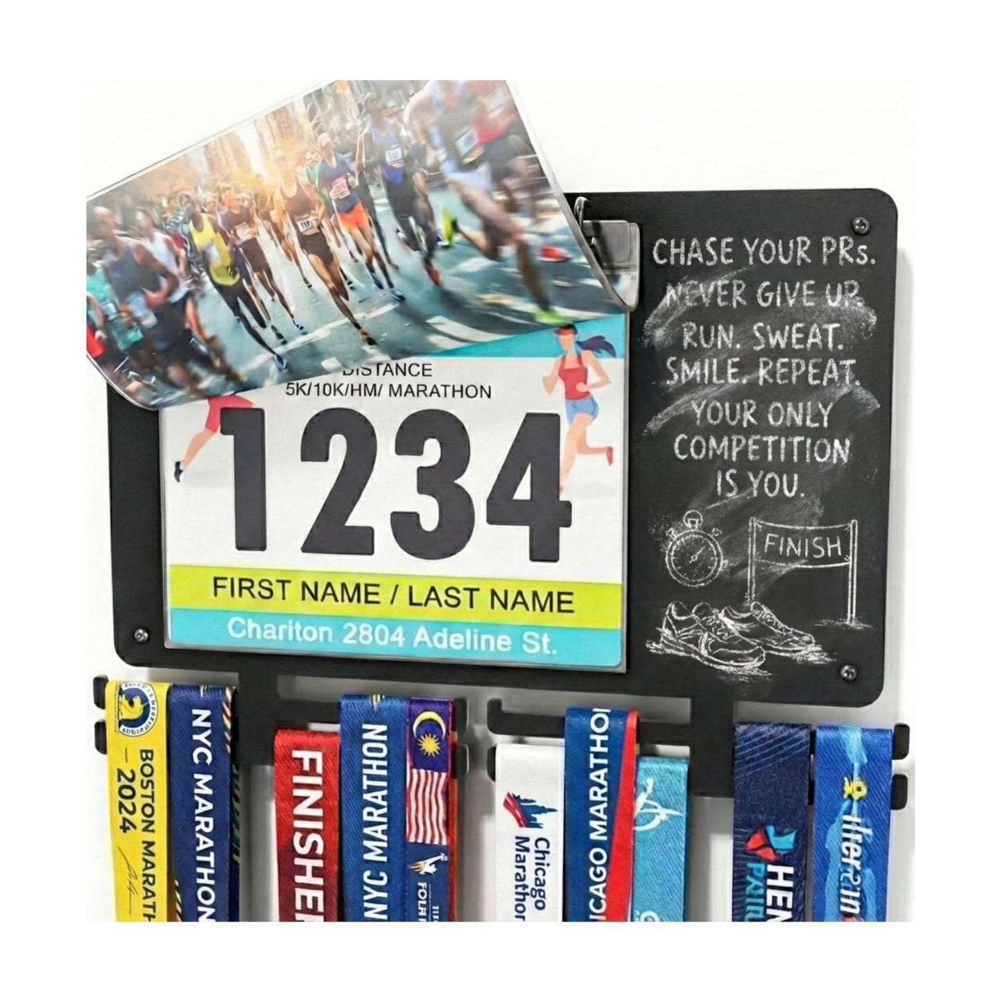 Marathon Medal Display and Race Bib Holder for Runners, Metal Wall Hanger | Holds 50 medals, 40 bibs on a sleek metal