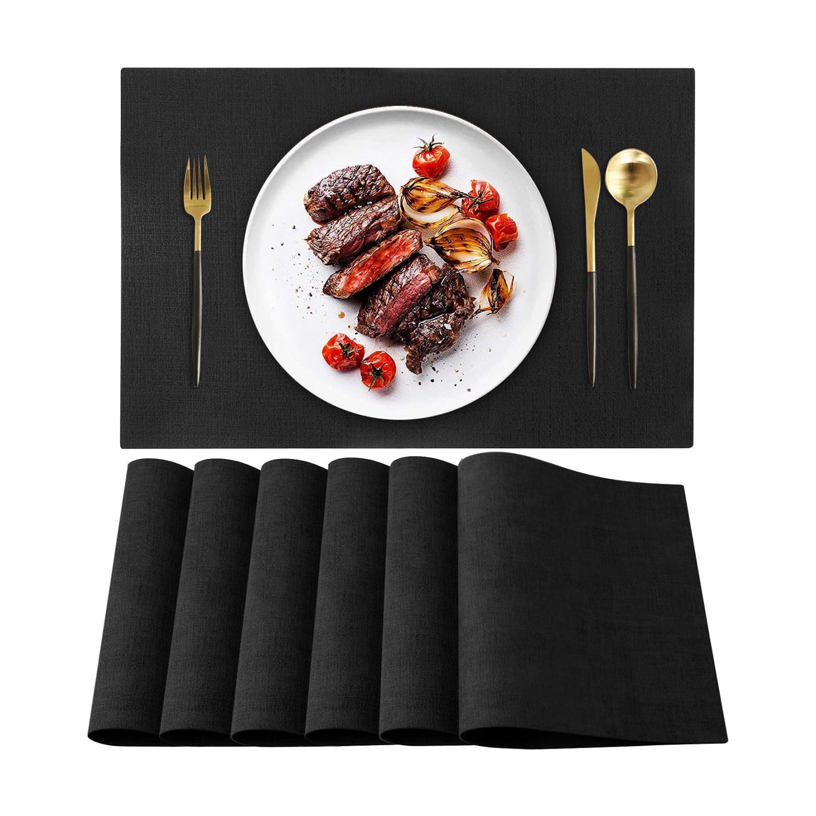 Leather Heat Resistant Placemats Set of 6 Waterproof Wipeable Washable PU Table Mats,Easy to Clean Anti-Slip (6, Black)