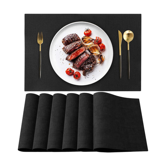 Leather Heat Resistant Placemats Set of 6 Waterproof Wipeable Washable PU Table Mats,Easy to Clean Anti-Slip (6, Black)