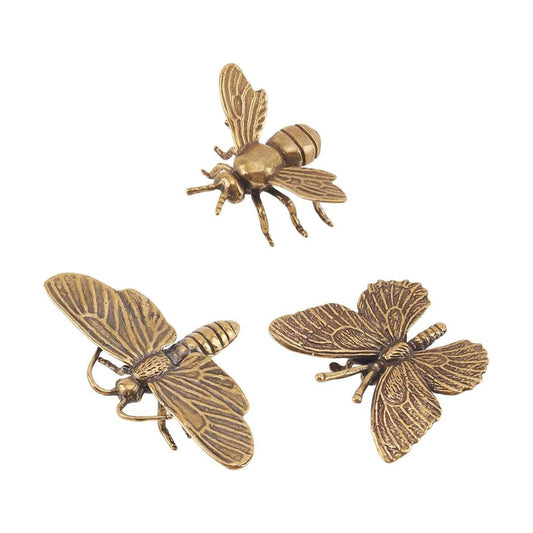 Mini Bee Sculpture Brass Dragonfly Butterfly Decor Ornament Retro Honeybee Good Luck / Set of 3