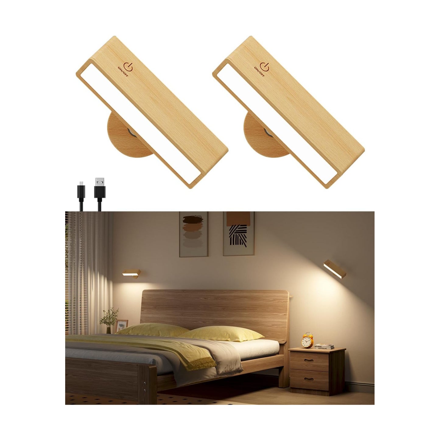 DetarZinLED Battery Operated Wall Sconces Set of 2,Rechargeable Wall Lights Wood,Stick On Wall Lights for Bedroom,Wall