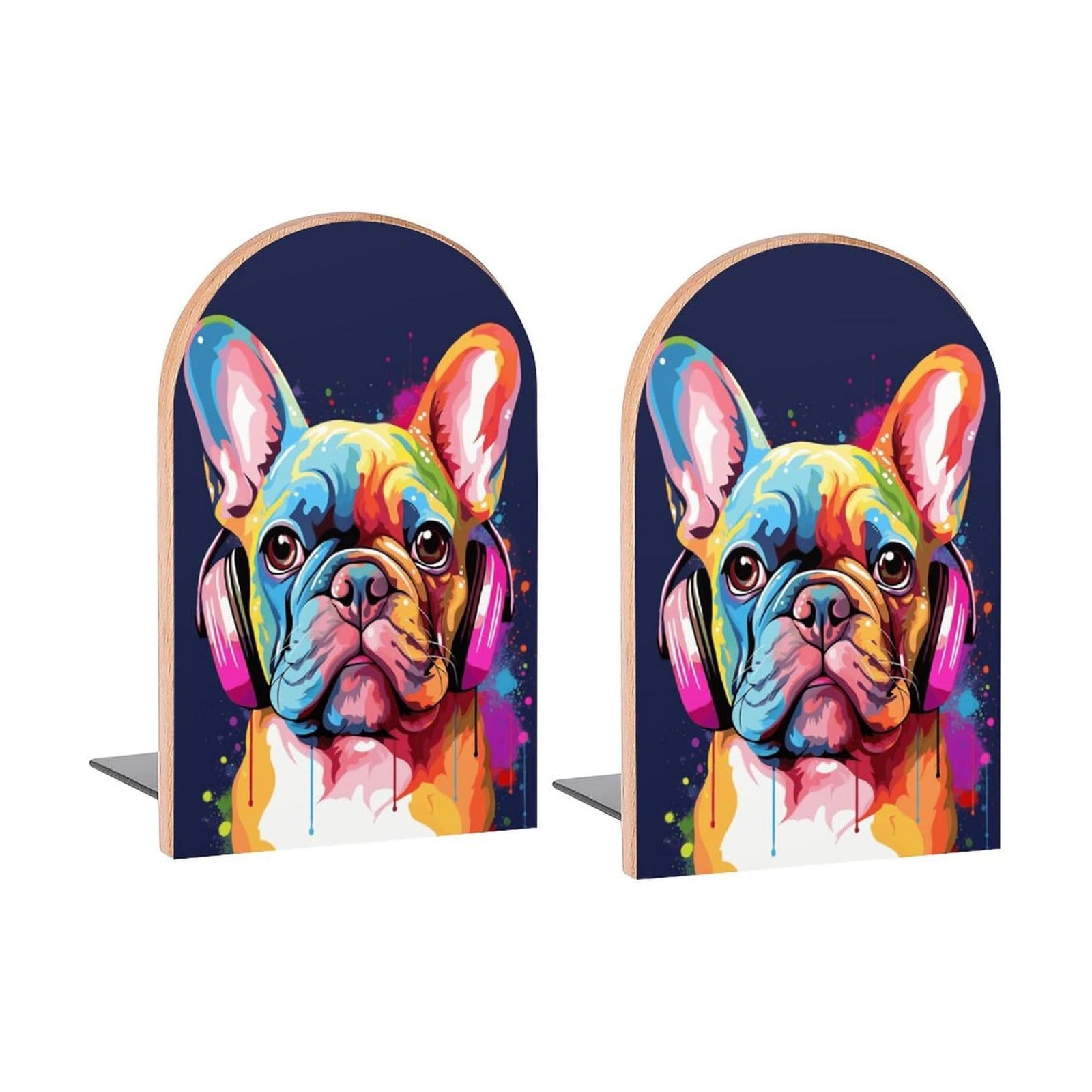 Colorful Dog French Bulldog Book Ends Decorative Wood Bookends