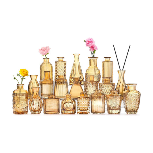 Glass Bud Vases- Set Small Vases for Flowers / Amber Gold / Set of 20