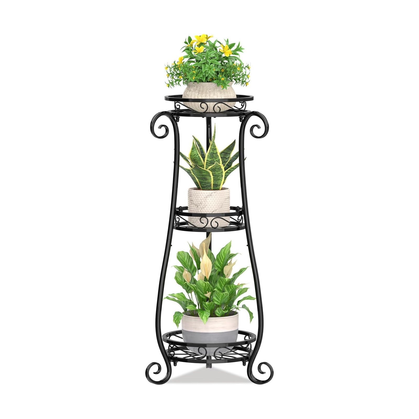 KMOTASUO 3 Tier Metal Plant Stand Tall for Indoor Outdoor Corner, Black | Heavy Duty Flower Holder Rack, Modern