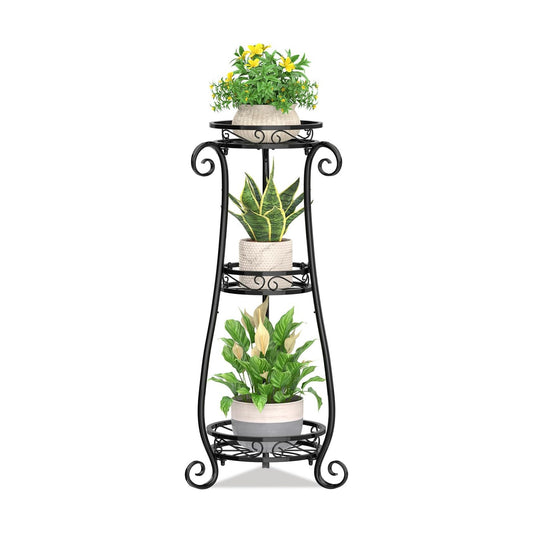 KMOTASUO 3 Tier Metal Plant Stand Tall for Indoor Outdoor Corner, Black | Heavy Duty Flower Holder Rack, Modern