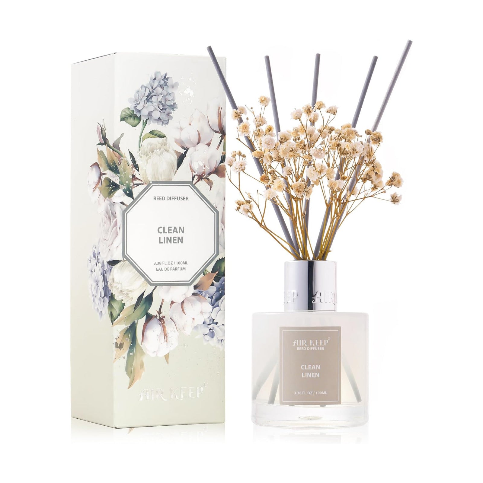Airkeep Reed Diffuser Set,3.38 fl oz (100 ml) - Clean Linen Oil Diffusers with 8 Reed Sticks,Home Fragrance Reed
