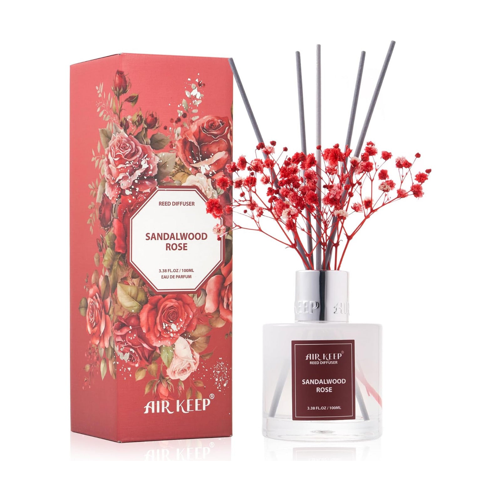 Airkeep Reed Diffuser Set,3.38 fl oz (100 ml) - Sandalwood Rose Oil Diffusers with 8 Reed Sticks,Home Fragrance Reed