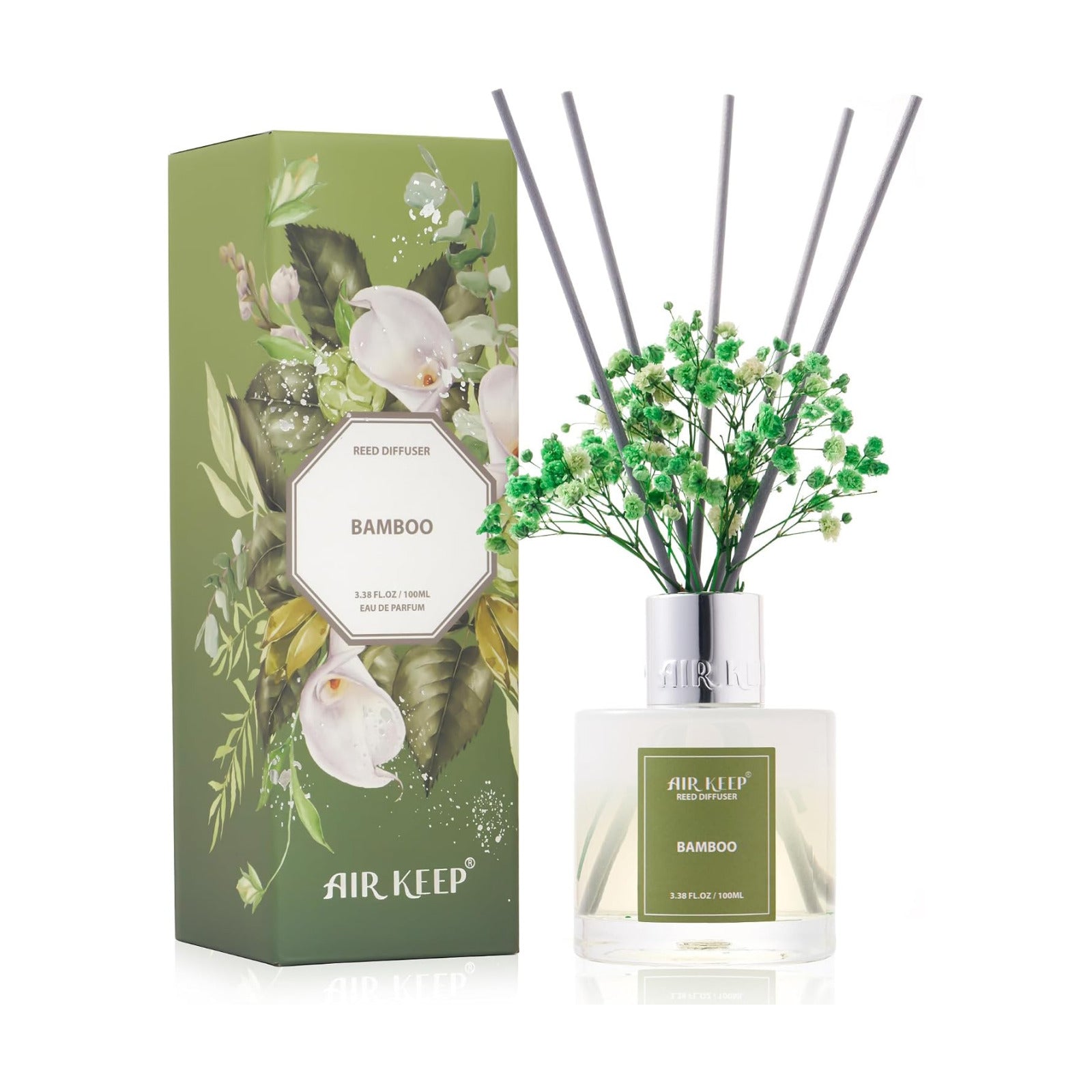 Airkeep Reed Diffuser Set - 3.38 fl oz(100ml) Bamboo Scent Diffuser Home Fragrance Diffuser Set Includes 8 Reed