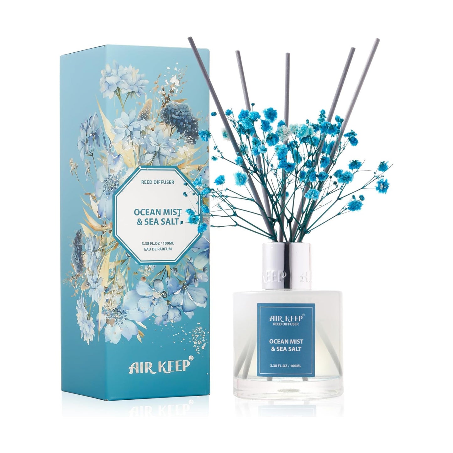 Airkeep Reed Diffuser Set,3.38 fl oz (100 ml) - Ocean Mist&Sea Salt Oil Diffusers with 8 Reed Sticks,Home Fragrance