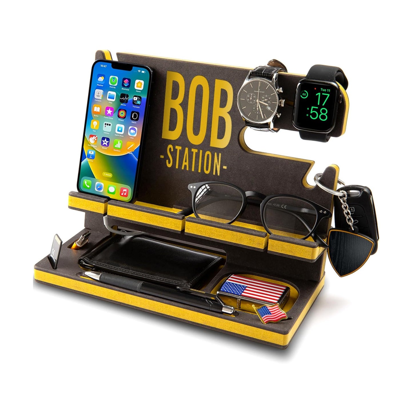 Personalized Wood Docking Station for Cell Phone, Tablet, Wallet, Gadgets, Keys, Accessories, Essentials Desk