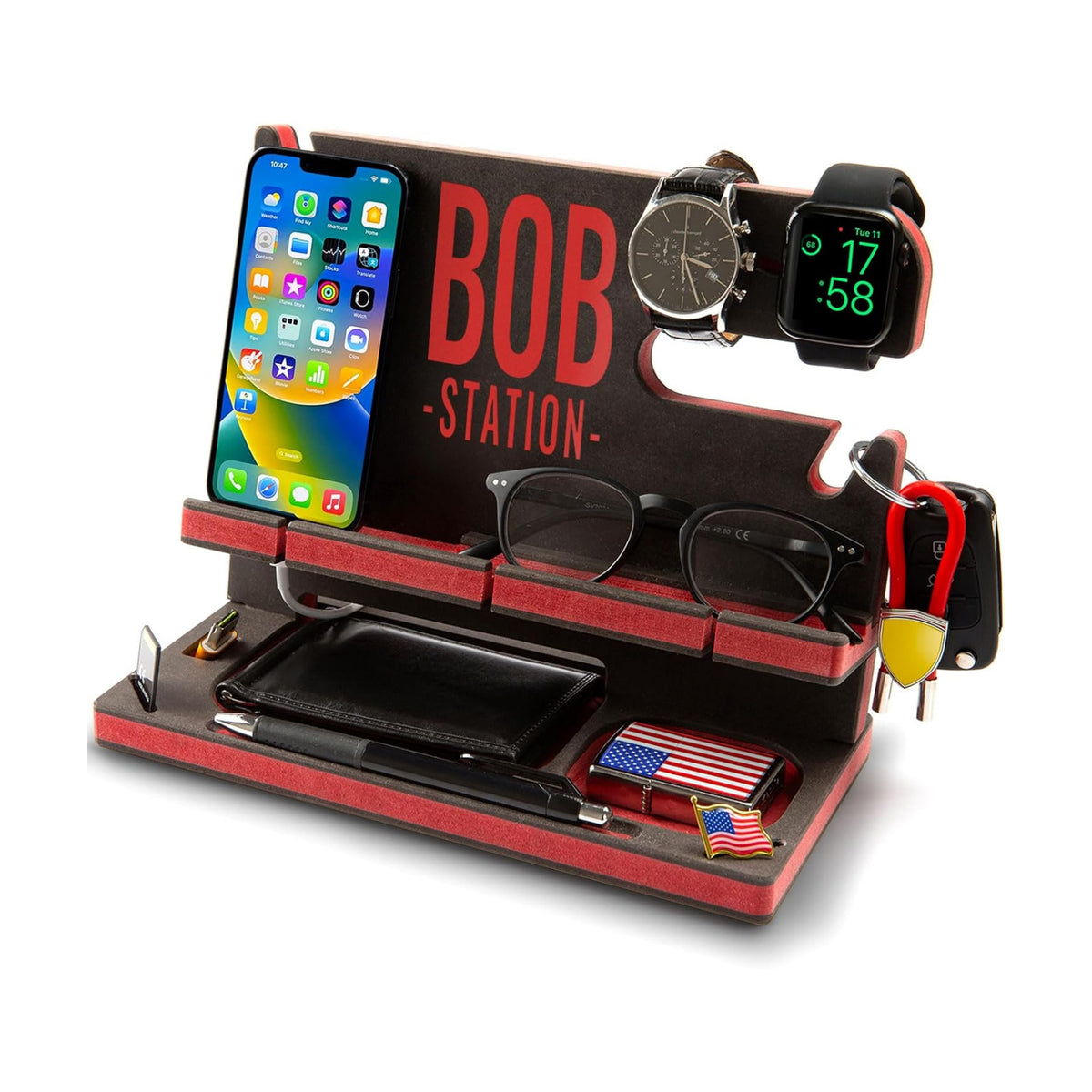 Wooden Docking Station for Cell Phone, Tablet, Wallet, Gadgets, Watch, Keys, Accessories, Essentials Desk Organizer