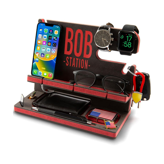 Wooden Docking Station for Cell Phone, Tablet, Wallet, Gadgets, Watch, Keys, Accessories, Essentials Desk Organizer