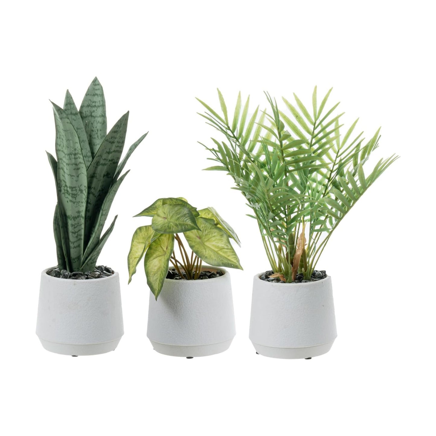 Modern Assorted Artificial Plants Potted in White Textured Planter Pots / Green