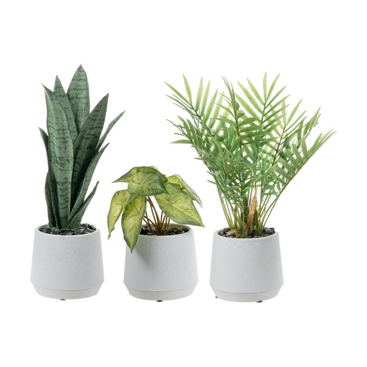 Modern Assorted Artificial Plants Potted in White Textured Planter Pots / Green