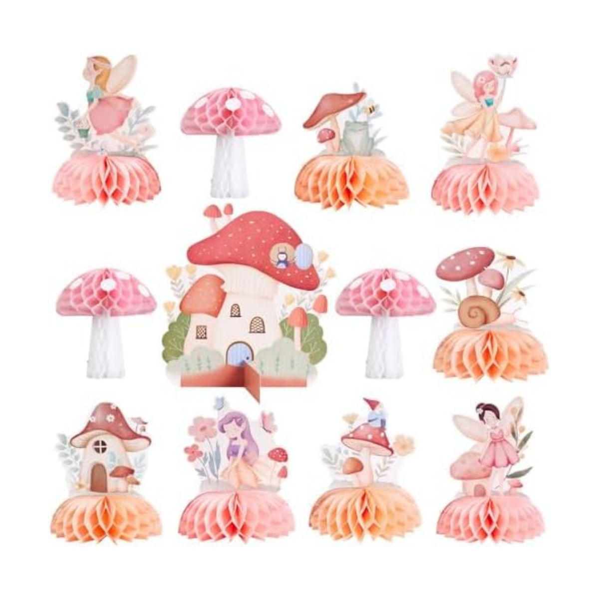 SUNBEAUTY 12 PCS Fairy First Birthday Decoration Fairy Centerpieces for Tables Mushroom Honeycomb Centerpieces Butterfly Flowers Birthday Party Decorations for Spring Garden Baby Shower