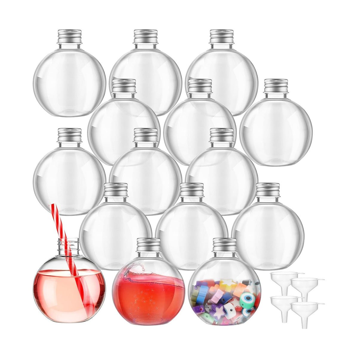 Jinei 15 Pcs 6 oz Spherical Plastic Potion Bottles, Aluminum Cap, Silver