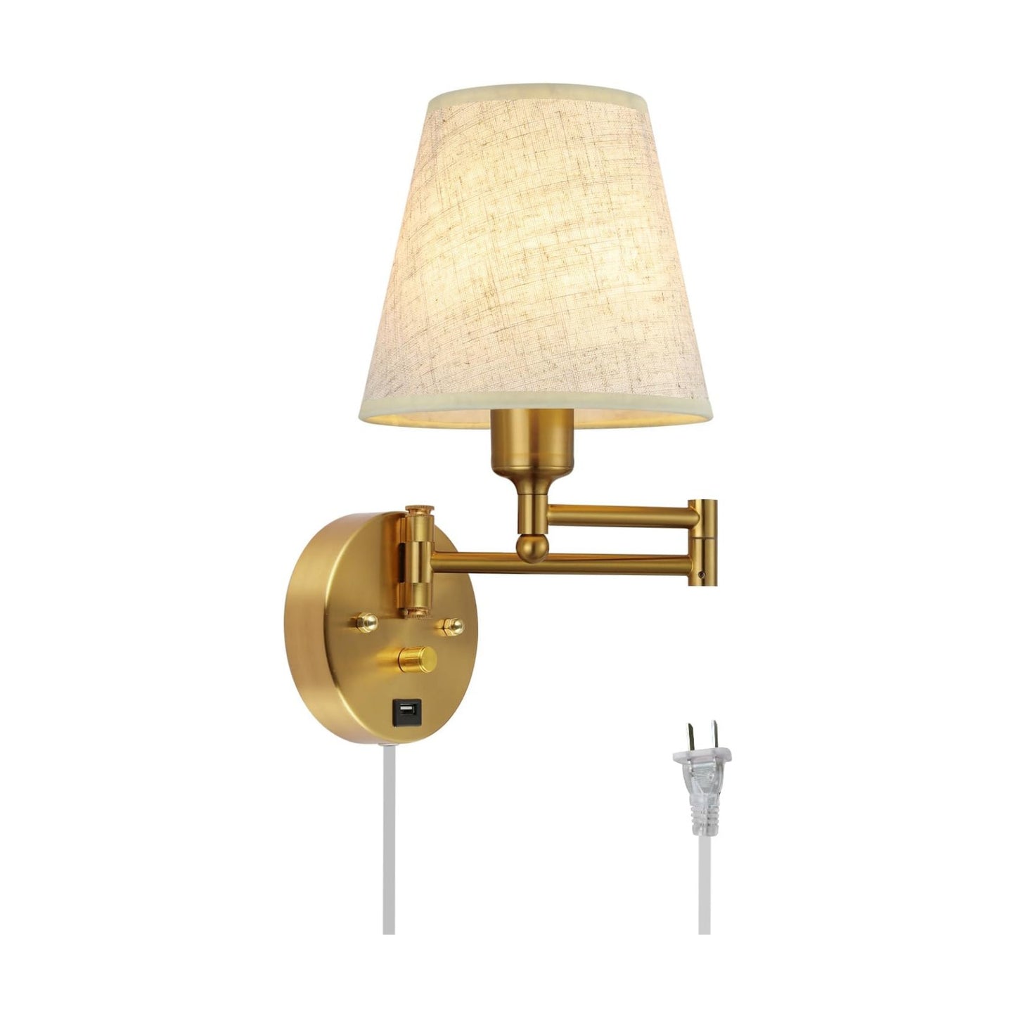 Bedside Wall Mount Light with Dimmable Switch and USB Port, Gold Swing Arm Fabric Shade Wall Sconce Light with Plug in