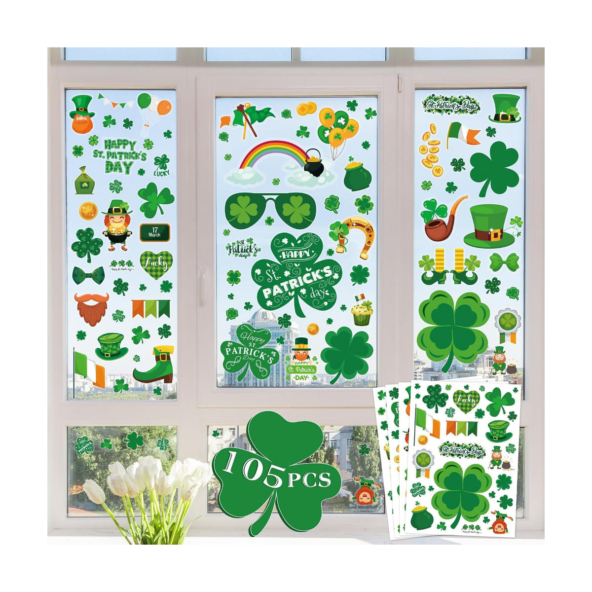MDDRUIQI St Patricks Day Decorations - 105 PCS St Patricks Day Window Clings - Shamrock Stickers for Glass Reusable Static Spring Shamrock Decorations | St Patricks Day Decor