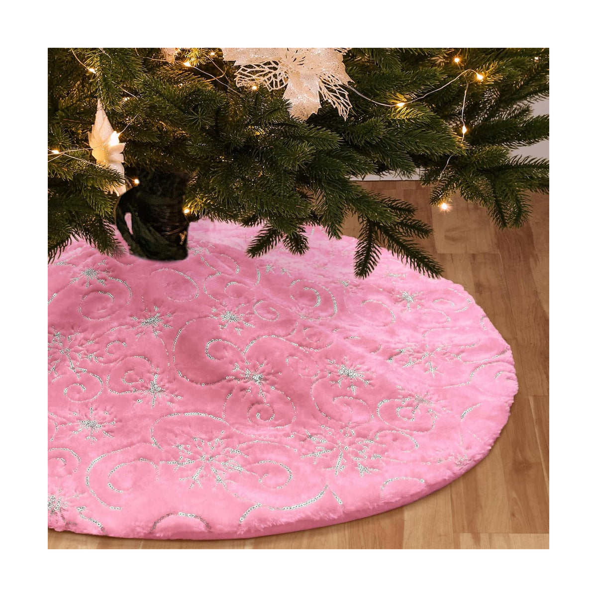 Christmas Tree Skirt Pink 48 inch Silver Christmas Tree Skirt Snowflakes Faux Fur for Xmas Holiday Home Party Decorations