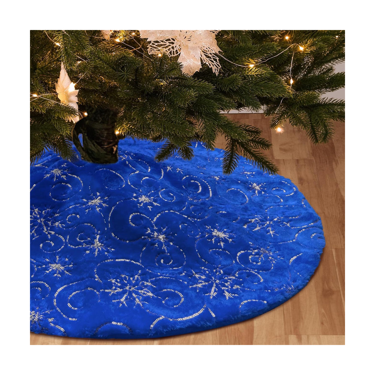 Christmas Tree Skirt Blue 30 inch Silver Christmas Tree Skirt Snowflakes Faux Fur for Xmas Holiday Home Party Decorations