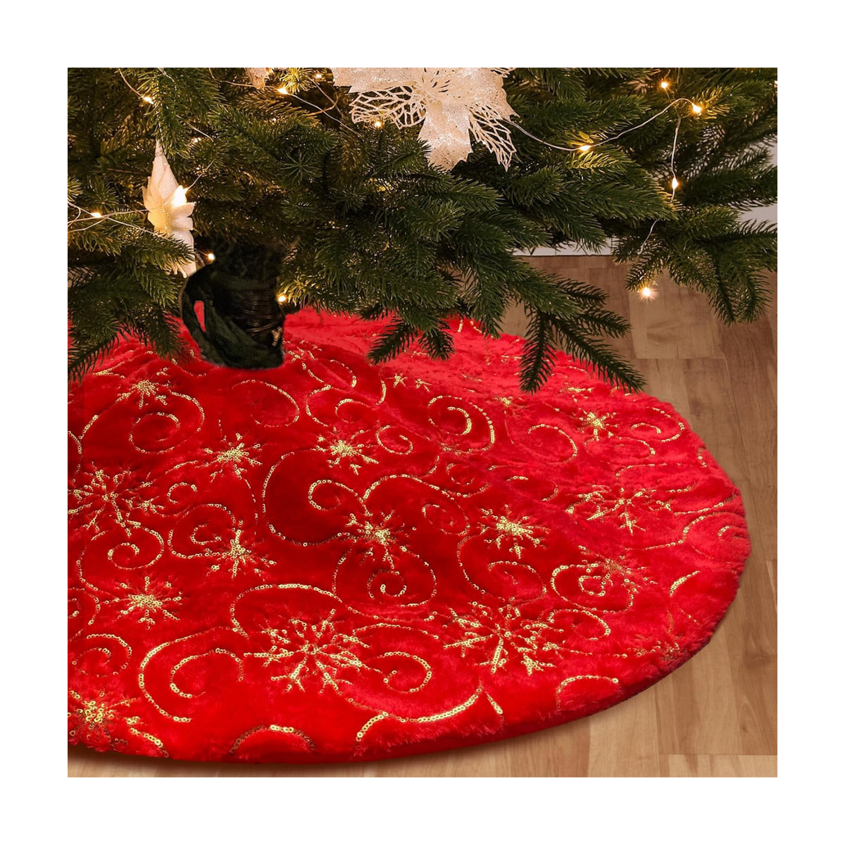 Christmas Tree Skirt Red 48 inch Gold Christmas Tree Skirt Snowflakes Faux Fur for Xmas Holiday Home Party