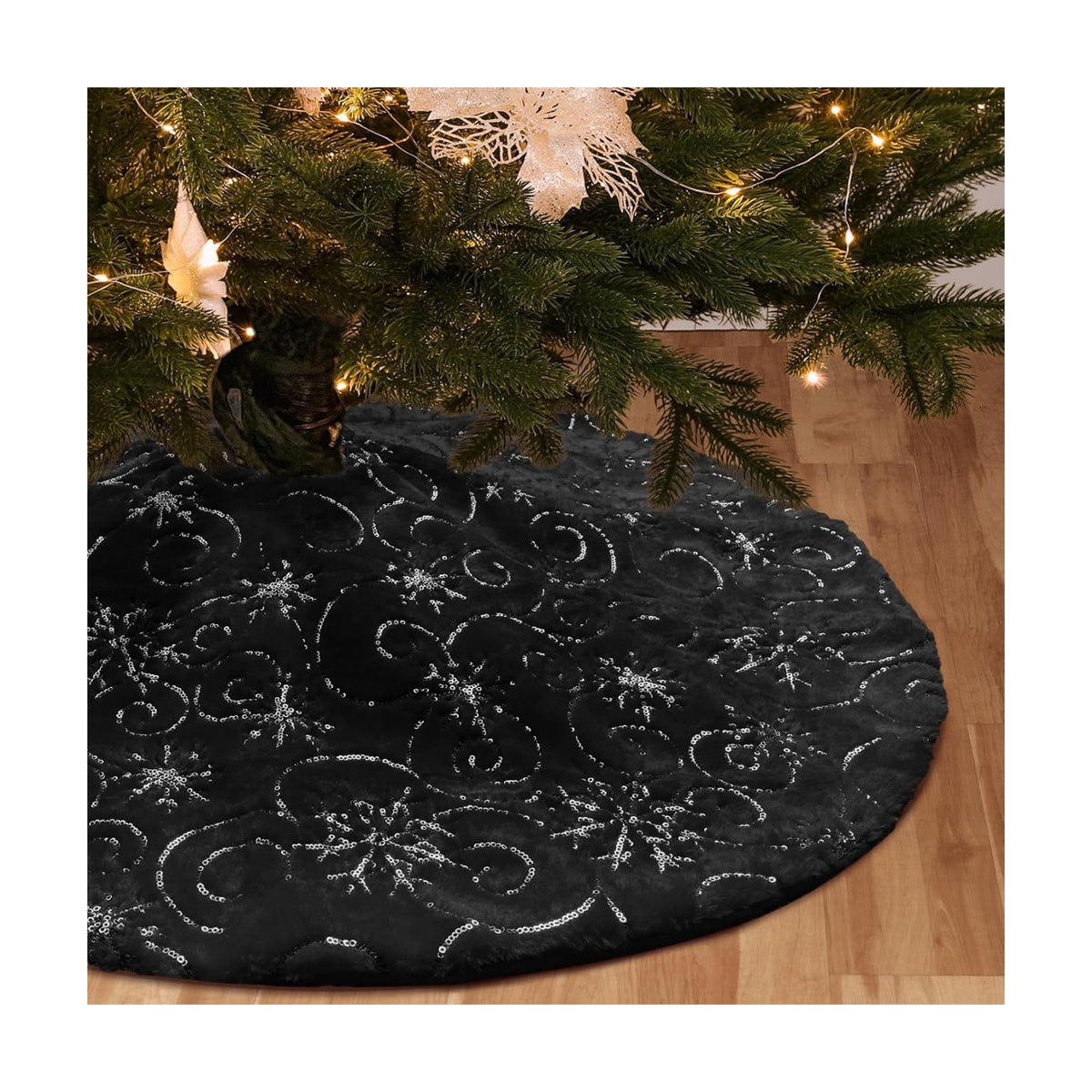 Christmas Tree Skirt Black 48 inch Silver Christmas Tree Skirt Snowflakes Faux Fur for Xmas Holiday Home Party Decorations