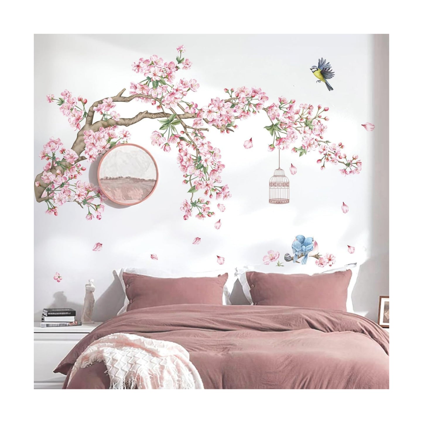 Cherry Blossom Tree Branch Wall Decals Flower Birds Wall Stickers Bedroom Living Room Sofa TV / Pink