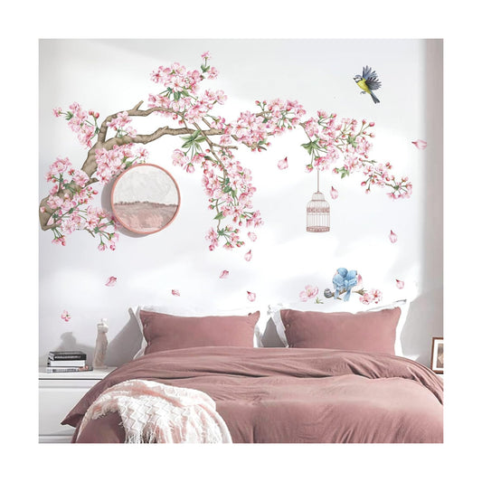 Cherry Blossom Tree Branch Wall Decals Flower Birds Wall Stickers Bedroom Living Room Sofa TV / Pink