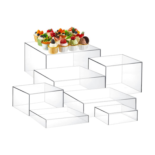 Large Buffet Risers Set " Acrylic Display Box Catering / Clear / 6" To 12 / Square / Set of 7