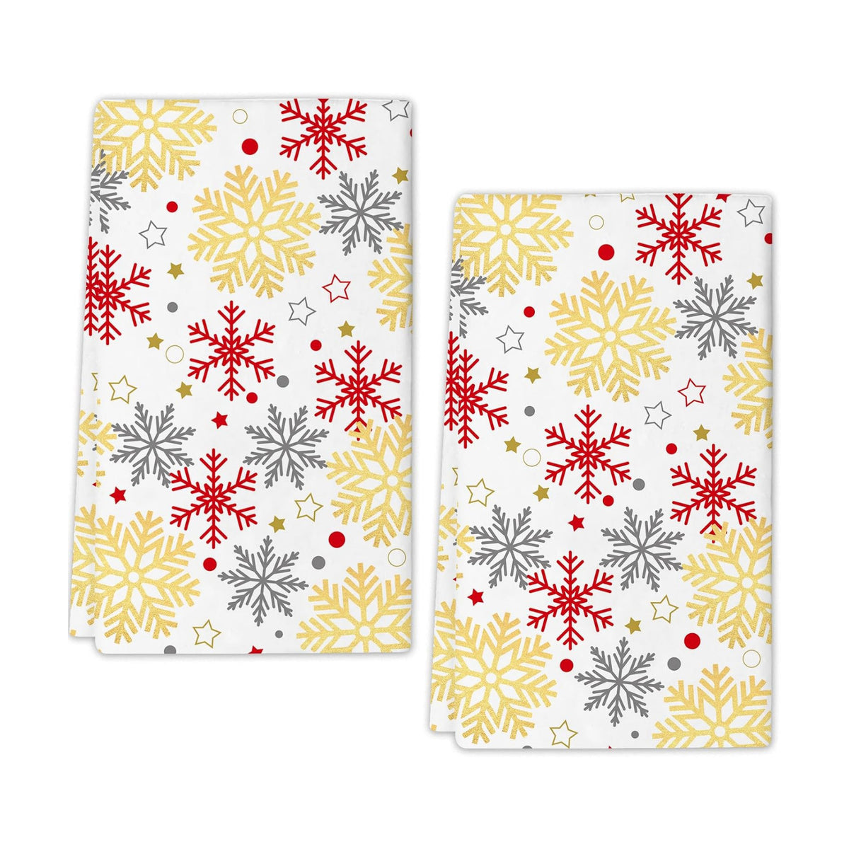 JOOCAR Snwoflake Kitchen Towels Christmas Kitchen Decor Dish Towels Set of 2, 16x27 Inch Seasonal Drying Dishcloth, Gold White Red Snowflake Decoration Hand Towels
