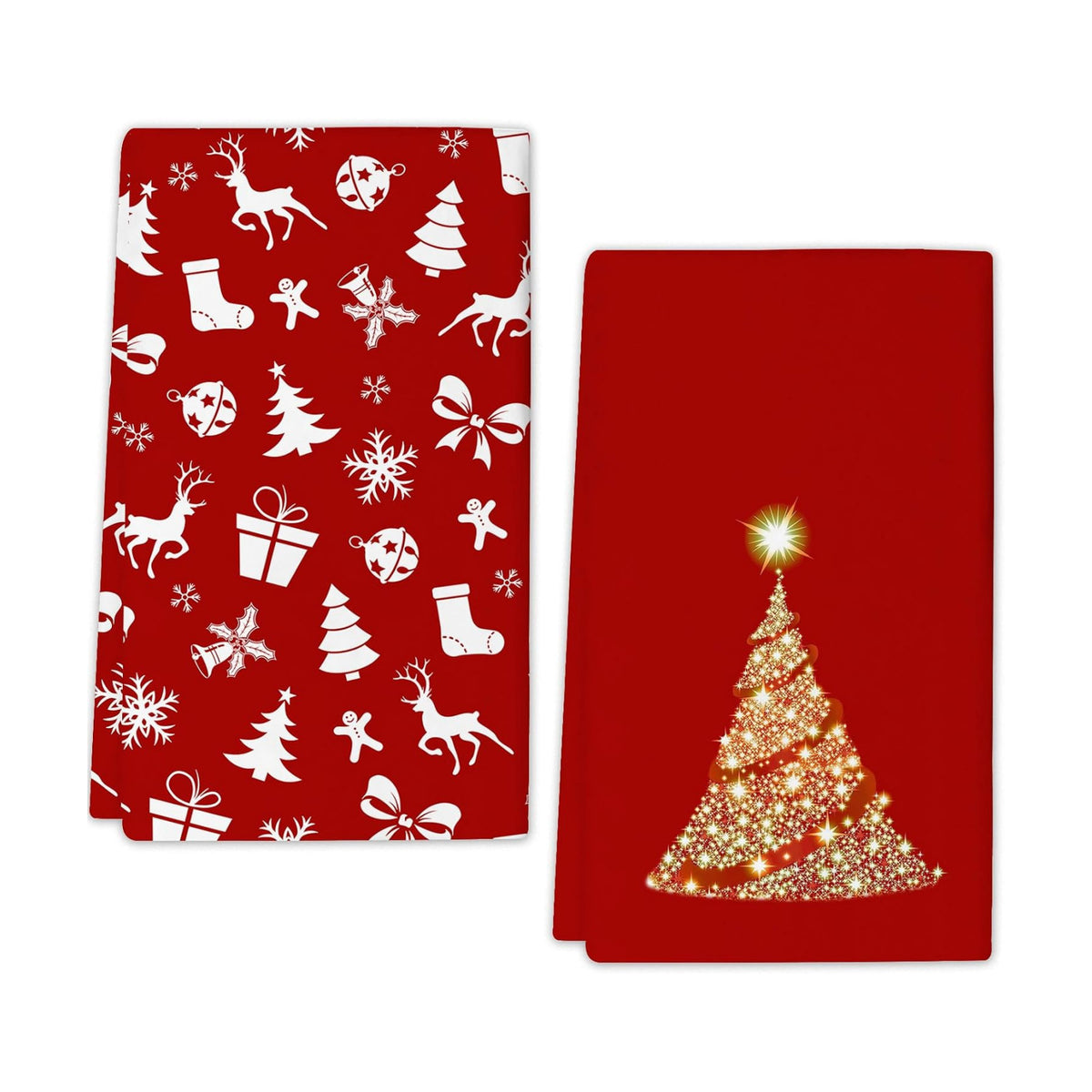 JOOCAR Red Christmas Kitchen Towels Bright Kitchen Decor Dish Towels Set of 2, 16x27 Inch Seasonal Gold Christmas Tree Drying Dishcloth, Cartoon Christmas Decoration Hand Towels