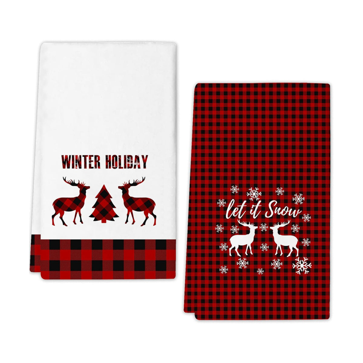 JOOCAR Red Deer Kitchen Towels Christmas Dish Towels Set of 2, 16x27 Inch Seasonal Witner Holiday Drying Dishcloth, Red Buffalo Plaid Decoration Hand Towels for Kitchen Bathroom