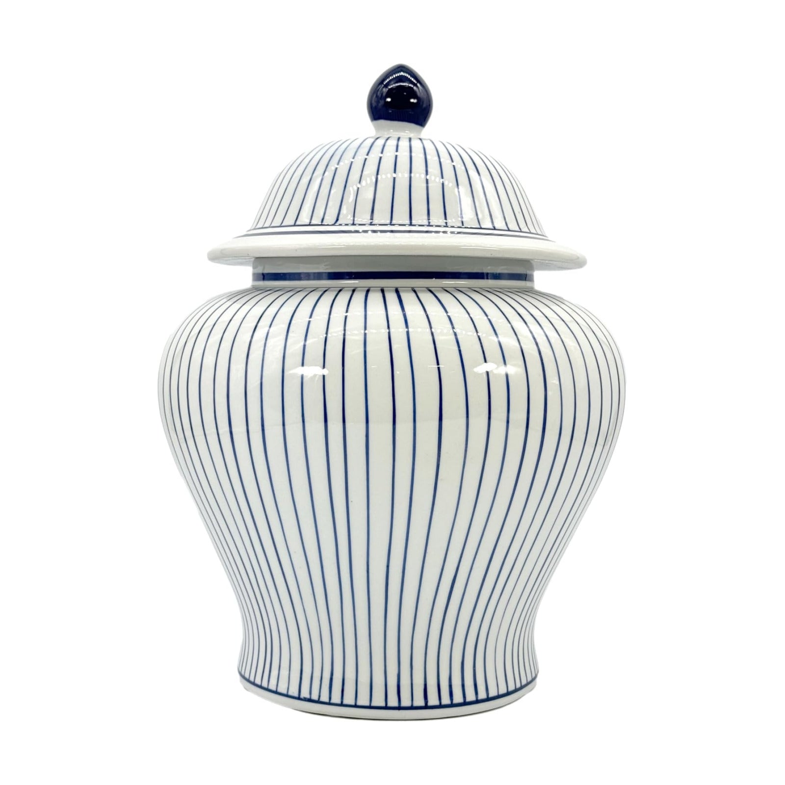 Blue & White Striped Wide Ceramic Porcelain Ginger Jar wtih Lid Temple Jar / Blue & White Stripes