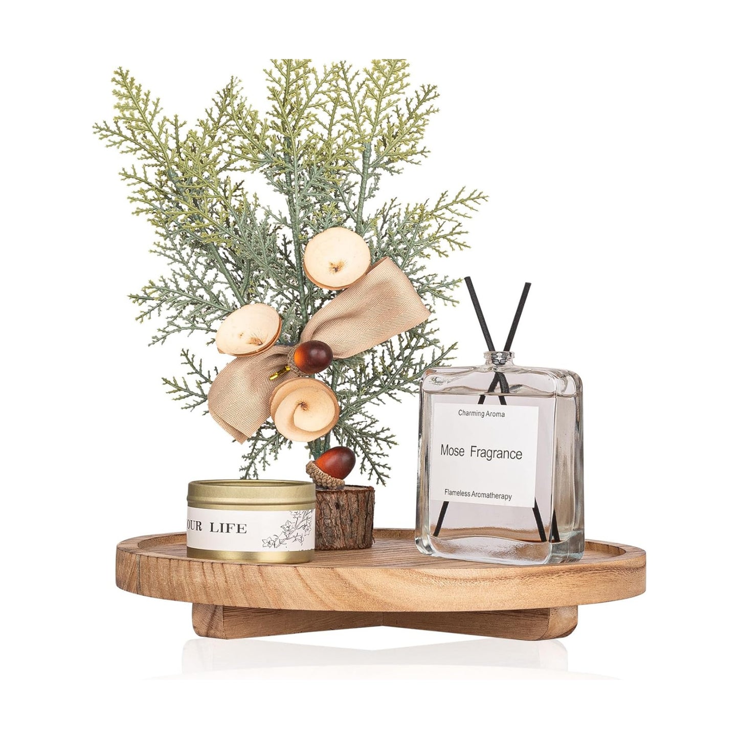 Round Decorative Tray Wood Bathroom Counter Organizer Farmhouse Kitchen Decor / Brown / Set of 10