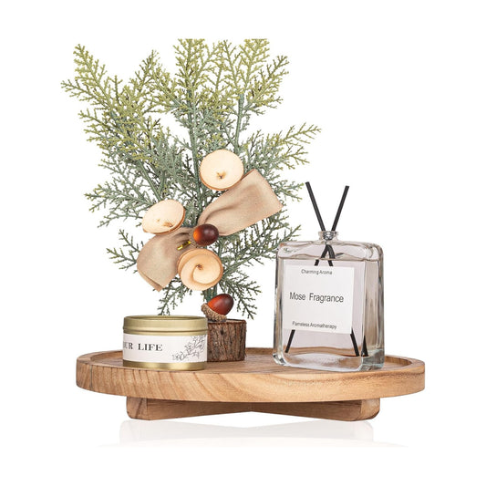 Round Decorative Tray Wood Bathroom Counter Organizer Farmhouse Kitchen Decor / Brown / Set of 10