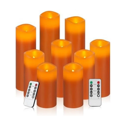 Vinkor Flameless Candles Battery Operated Candles Real Wax Pillar LED Candles with 10-Key Remote and Cycling 24 Hours Timer (Orange Set of 9)