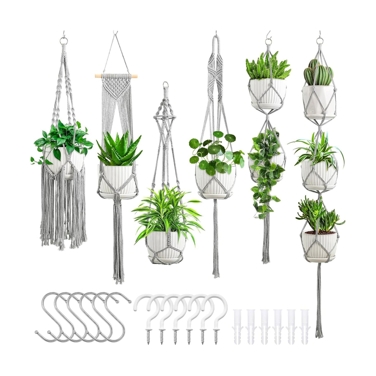 Macrame Plant Hangers / Gray / Set of 6
