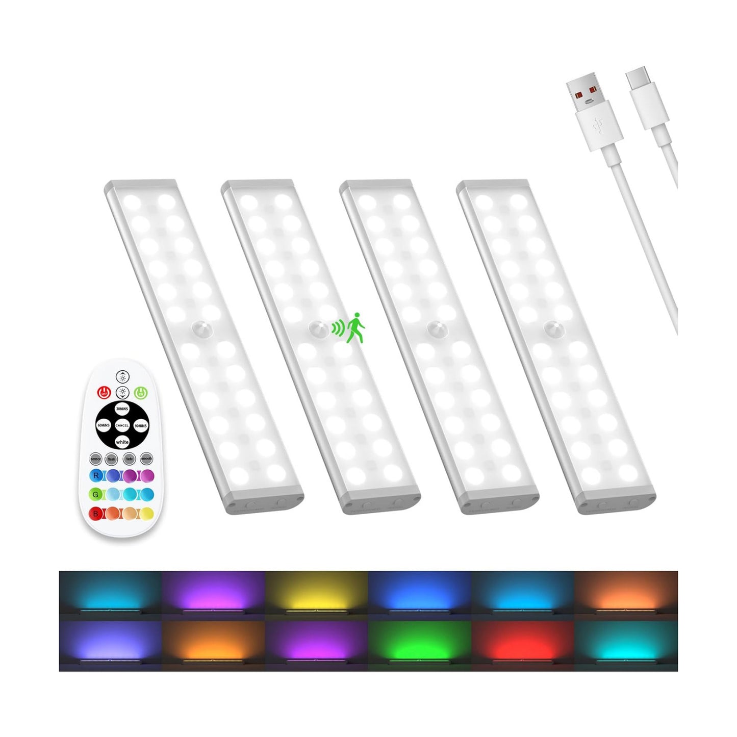 Under Cabinet Lights Wireless, 58-LED Rechargeable Motion Sensor Closet Lights with Remote Control, RGB Color Changing