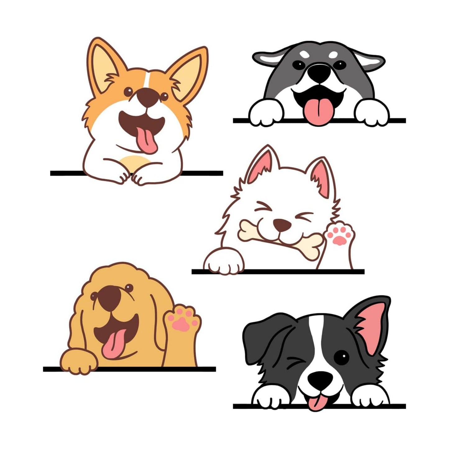 Reusable PVC Decals / 5 Multicolor Cartoon Smiling Puppies Dog Wall Stickers
