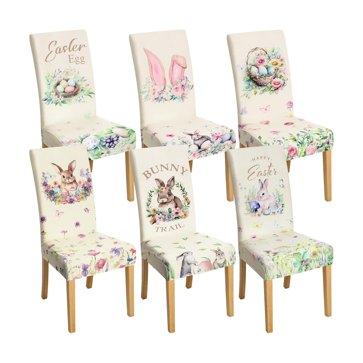 Hosuly 6 Pcs Easter Chair Covers Print Bunny Egg Flower Removable Seat Covers for Home Easter Spring Restaurant Decor or Hotel Restaurant Party Banquet