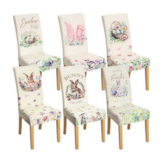 Hosuly 6 Pcs Easter Chair Covers Print Bunny Egg Flower Removable Seat Covers for Home Easter Spring Restaurant Decor or Hotel Restaurant Party Banquet