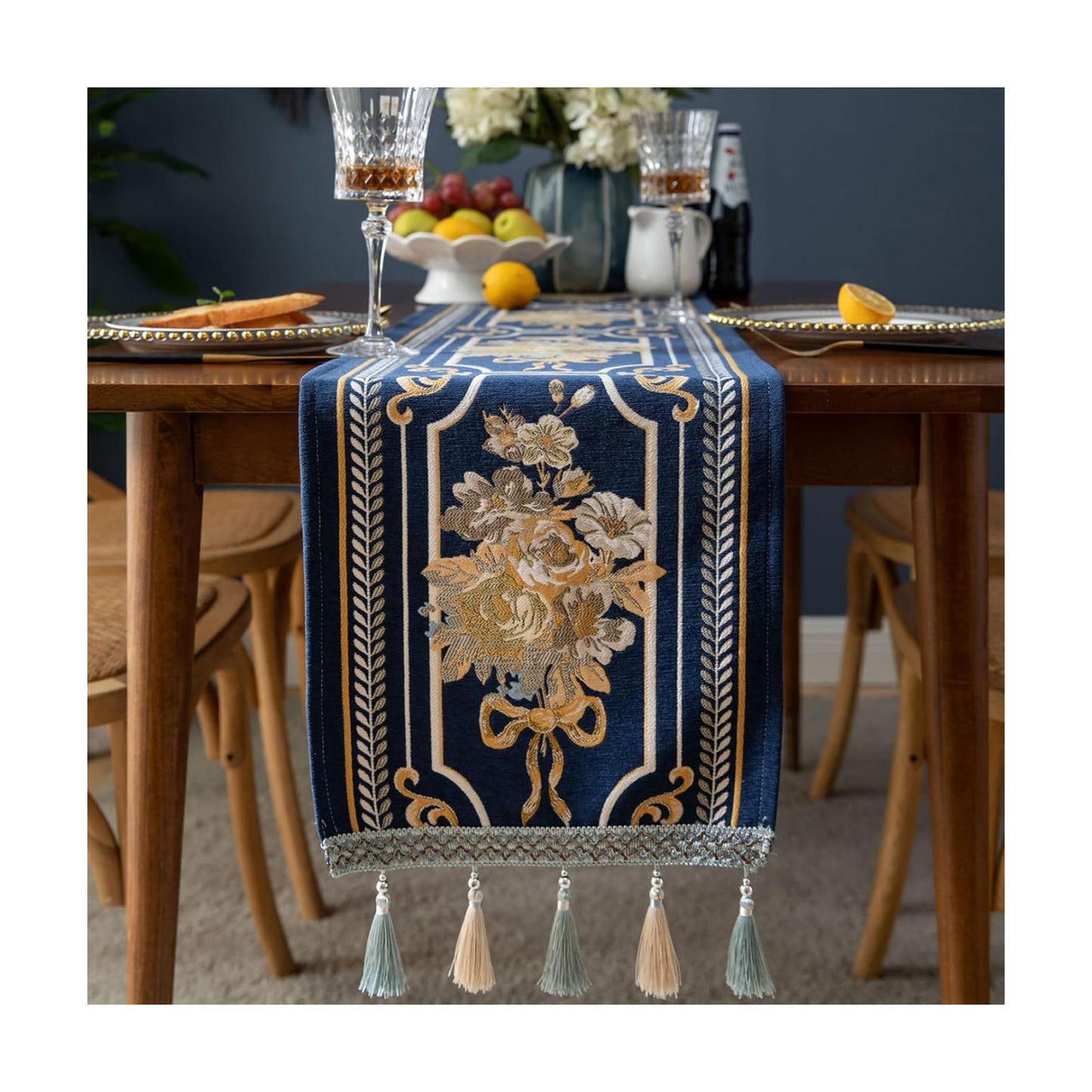 Embroidery Luxury Table Runner, Long Blue Dining Table Runner, Elegant Jacquard Dresser Scarf with Multi-Tassels for
