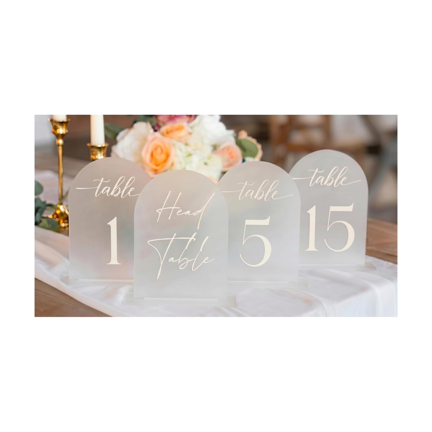 Frosted Arch Acrylic Table Numbers for Wedding Reception - 5" x 7" White Font Centerpiece Set with Holder Stands & Head