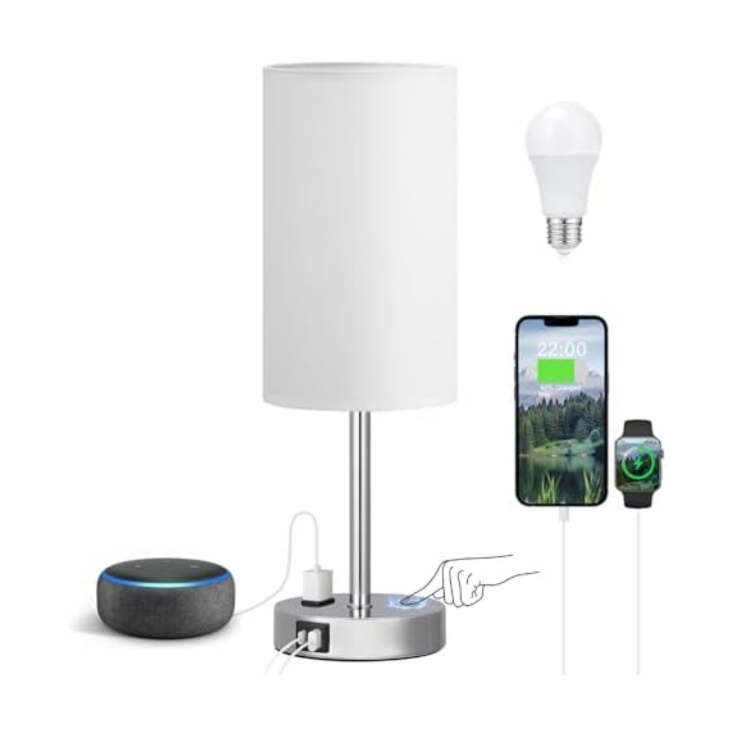 Fenmzee 17.4" White Lamp for Bedroom - Dimmable Touch, USB A+C, AC Outlet