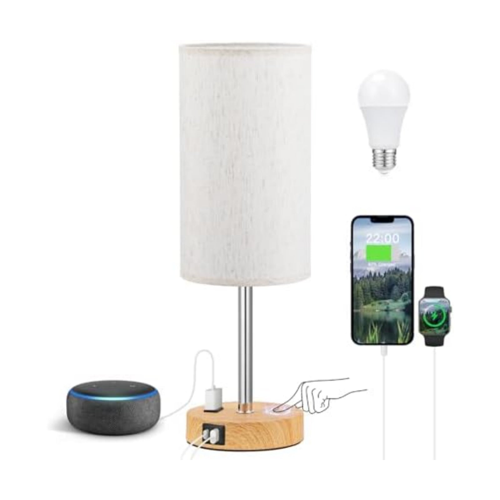 Fenmzee 17.4" Bedside Lamp for Bedroom - Dimmable Touch, USB A+C, AC Outlet